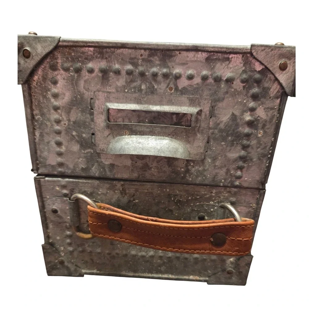 Vintage Galvanized Metal Industrial Storage Box Slanted Lid Leather Handle